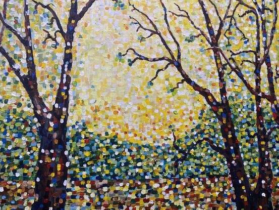 Brilliant sparkles of sunshine against the strong trees. Dots of splashy colour. Pointillism magic at work.  This work has been painted as though the viewer is looking out a window at a snippet of the landscape.  I love the skill and interpretation of the impressionists and post impressionists and this s my salute to the great master, Georges Seurat. 