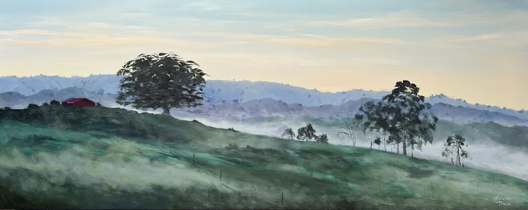 A misty morning in the countryside of Tasmania.