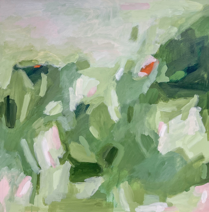 Abstract landscape in green with touches of pink