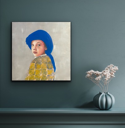 Painting of boy with a blue wrap on his head.