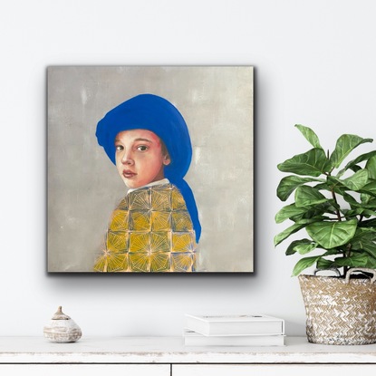 Painting of boy with a blue wrap on his head.