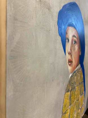 Painting of boy with a blue wrap on his head.