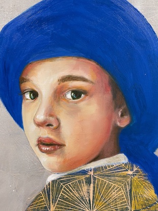 Painting of boy with a blue wrap on his head.