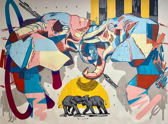 A couple of zoomed-in elephants with its trunks interlaced and setting sun with the same elephants, zoomed out and in backlight. 
Intention with the painting was to create confusion on wether the audience sees them fighting or dancing.