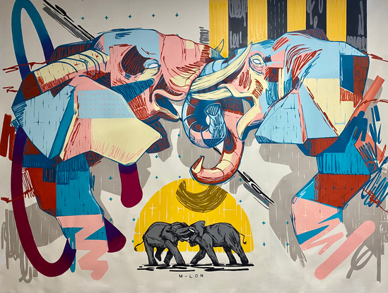 A couple of zoomed-in elephants with its trunks interlaced and setting sun with the same elephants, zoomed out and in backlight. 
Intention with the painting was to create confusion on wether the audience sees them fighting or dancing.