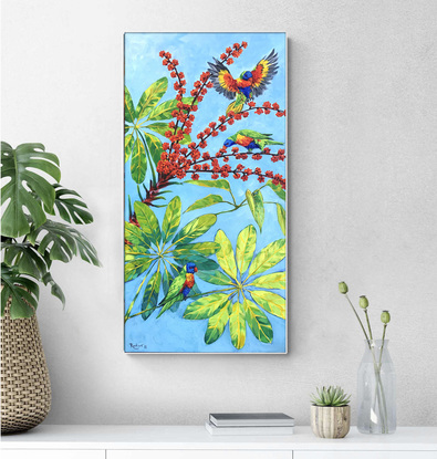 Rainbow lorikeets on a blossoming Australian umbrella tree original painting by Irina Redine. Ready to hang original artwork Australian nature.