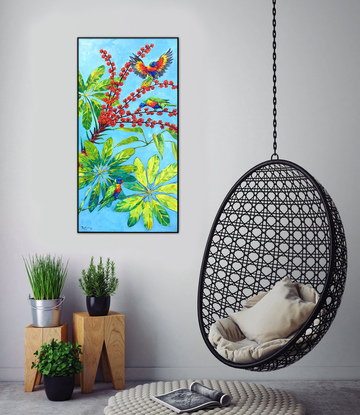 Rainbow lorikeets on a blossoming Australian umbrella tree original painting by Irina Redine. Ready to hang original artwork Australian nature.