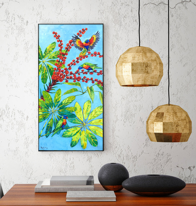 Rainbow lorikeets on a blossoming Australian umbrella tree original painting by Irina Redine. Ready to hang original artwork Australian nature.