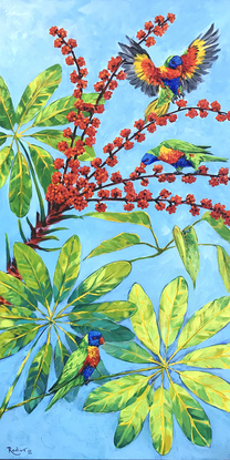 Rainbow lorikeets on a blossoming Australian umbrella tree original painting by Irina Redine. Ready to hang original artwork Australian nature.