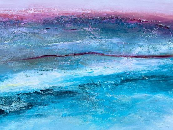 Abstract seascape in soft teal and magenta tones with mountain range in the horizon.