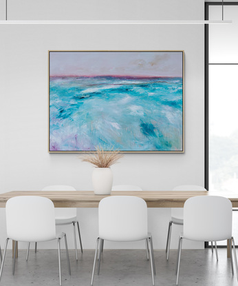 Abstract seascape in soft teal and magenta tones with mountain range in the horizon.