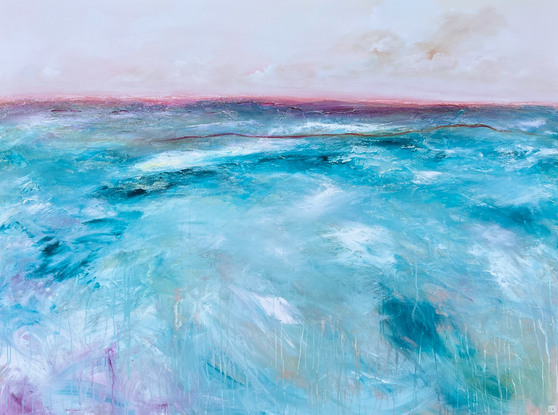 Abstract seascape in soft teal and magenta tones with mountain range in the horizon.