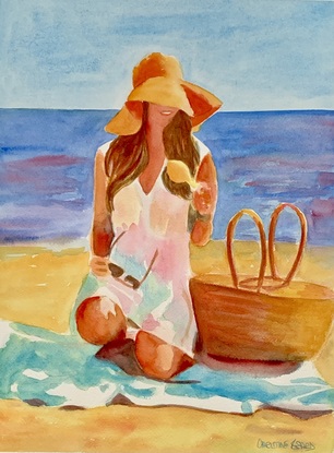 Woman standing wearing sun hat in the sunshine.