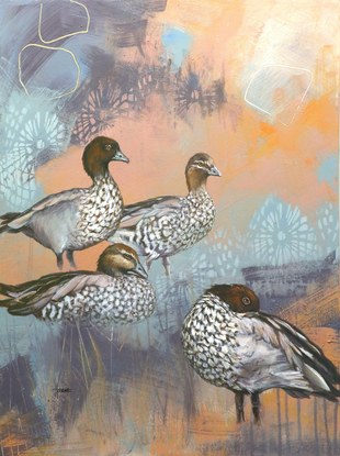 Four Australian Wood Ducks in a relaxed group with an abstracted realistic background in muted pinks soft blues and grey