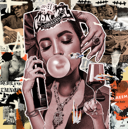 A collaged portrait of a woman in street art style