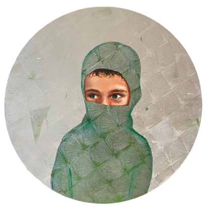 A portrait of a boy wearing a mask that reveals his green eyes.