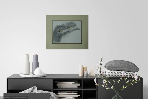 Two emus rendered in graphite gaze off into the distance.