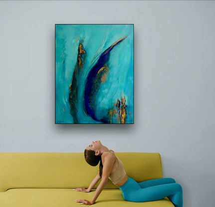 This is a unique contemporary abstract expressive rendition of a seascape in beautiful turquoise and greens with gold highlights reflecting the sun on the water. It is hand painted professional acrylic paints onto quality thick stretched canvas.  