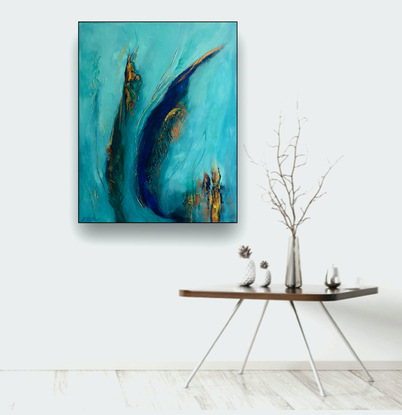 This is a unique contemporary abstract expressive rendition of a seascape in beautiful turquoise and greens with gold highlights reflecting the sun on the water. It is hand painted professional acrylic paints onto quality thick stretched canvas.  