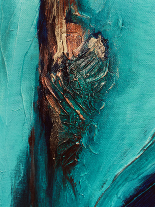 This is a unique contemporary abstract expressive rendition of a seascape in beautiful turquoise and greens with gold highlights reflecting the sun on the water. It is hand painted professional acrylic paints onto quality thick stretched canvas.  