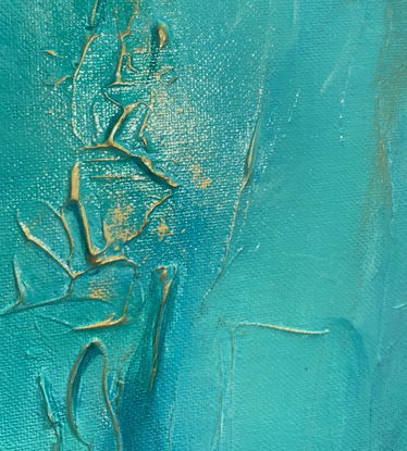 This is a unique contemporary abstract expressive rendition of a seascape in beautiful turquoise and greens with gold highlights reflecting the sun on the water. It is hand painted professional acrylic paints onto quality thick stretched canvas.  