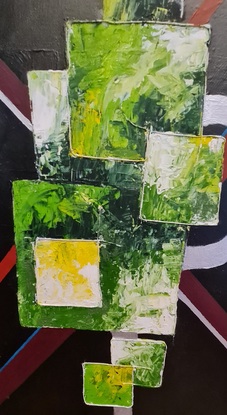 Acrylic painted with pallet knife using string around some of the boxes to represent confinement 