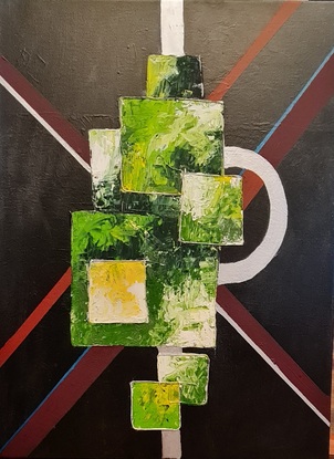 Acrylic painted with pallet knife using string around some of the boxes to represent confinement 