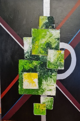 Acrylic painted with pallet knife using string around some of the boxes to represent confinement 