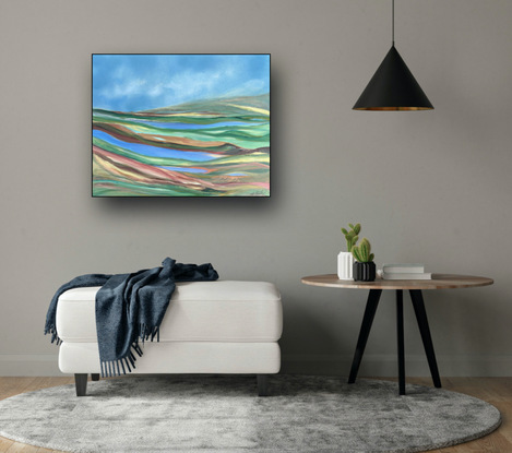 A semi-abstract expressive painting. Acrylics and metallic on canvas. Depicting a flowing vista of mountain ranges signifying  the Great Dividing Range of  Australia