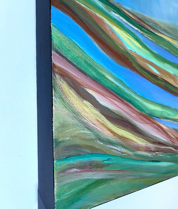 A semi-abstract expressive painting. Acrylics and metallic on canvas. Depicting a flowing vista of mountain ranges signifying  the Great Dividing Range of  Australia