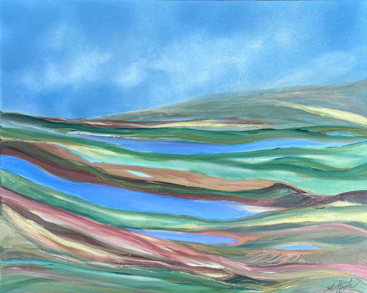 A semi-abstract expressive painting. Acrylics and metallic on canvas. Depicting a flowing vista of mountain ranges signifying  the Great Dividing Range of  Australia