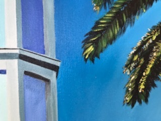 A colourful depiction in blues and greens of Art Deco on the Riviera.