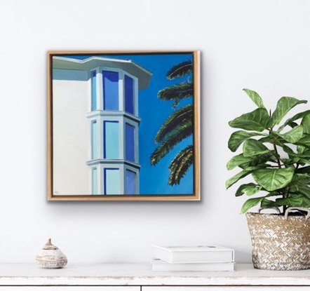 A colourful depiction in blues and greens of Art Deco on the Riviera.