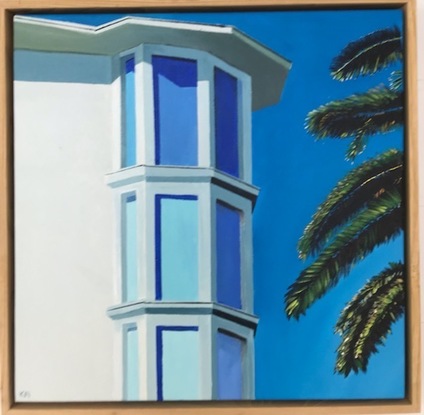 A colourful depiction in blues and greens of Art Deco on the Riviera.