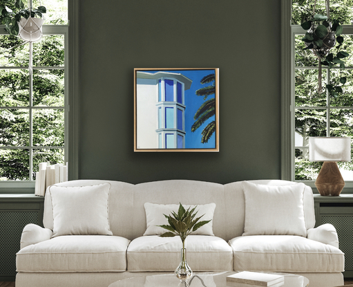 A colourful depiction in blues and greens of Art Deco on the Riviera.