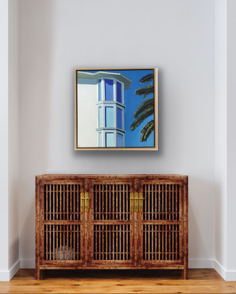 A colourful depiction in blues and greens of Art Deco on the Riviera.