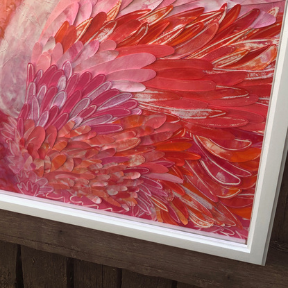 FLOSS Flamingo   (Member of the "Long-Neck" series)
Mixed Media, Hand drawn and hand cut feathers, with Acrylic paints,

 Painted 2020

Framed in solid timber. The canvas is under clear non-reflective perspex cover, 
It's a very heavy frame.