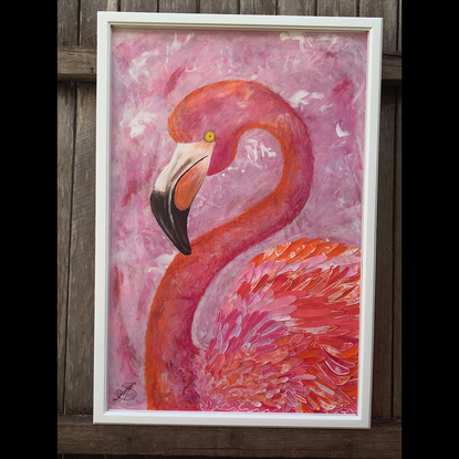 FLOSS Flamingo   (Member of the "Long-Neck" series)
Mixed Media, Hand drawn and hand cut feathers, with Acrylic paints,

 Painted 2020

Framed in solid timber. The canvas is under clear non-reflective perspex cover, 
It's a very heavy frame.