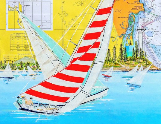 This painting is on a chart of the Mooloolaba region and displays yachts racing featuring the Point Cartwright headland with its water reservoir and iconic lighthouse.