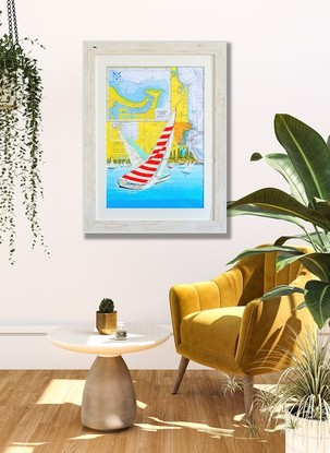 This painting is on a chart of the Mooloolaba region and displays yachts racing featuring the Point Cartwright headland with its water reservoir and iconic lighthouse.