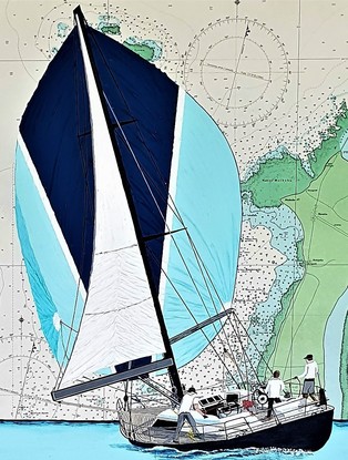 A yacht flying its spinnaker is painted onto an original chart (produced in 1993) of Lifuka in Tonga.  I have used the beautiful blues and aquas used in the chart.  A helmsman steers the boat and a grinder helps the spinnaker trimmer as they sail to their destination.