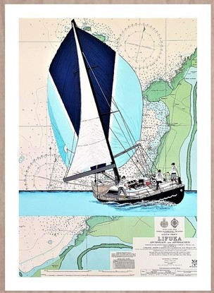 A yacht flying its spinnaker is painted onto an original chart (produced in 1993) of Lifuka in Tonga.  I have used the beautiful blues and aquas used in the chart.  A helmsman steers the boat and a grinder helps the spinnaker trimmer as they sail to their destination.