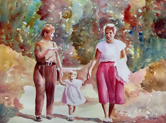 Family group strolls in the countryside.