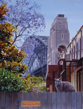 Landscape painting of the Sydney Harbour Bridge and a cat with a surprised look is on the fence in the foreground. A sign   with the words "Beware of the Dog" is below the cat adding a humorous twist.