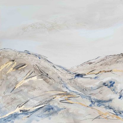 A large abstract landscape of the mountains in mixed media.