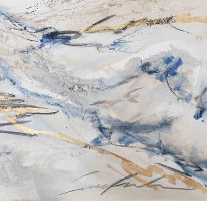 A large abstract landscape of the mountains in mixed media.