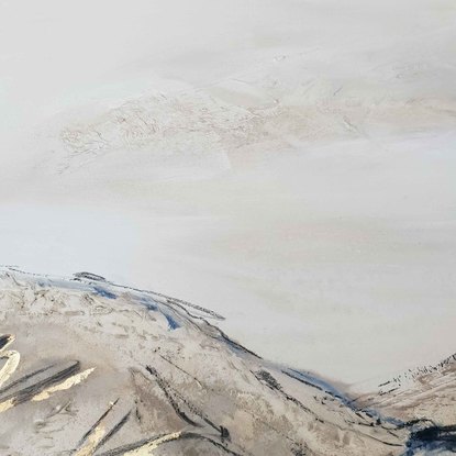 A large abstract landscape of the mountains in mixed media.