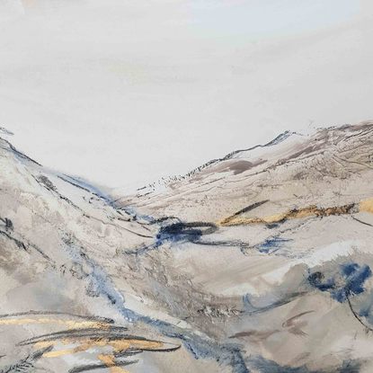 A large abstract landscape of the mountains in mixed media.