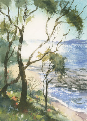 Watercolour painting Loverlooking Flat Rock Beach at Bendalong on a sunny morning with glistening water