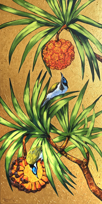 Pandanus tree and blue-faced honeyeater birds. Australian bananabird original acrylic painting by Irina Redine.